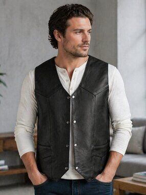 Men’s Black Leather Vest Casual Classic Snap Front Everyday Wear